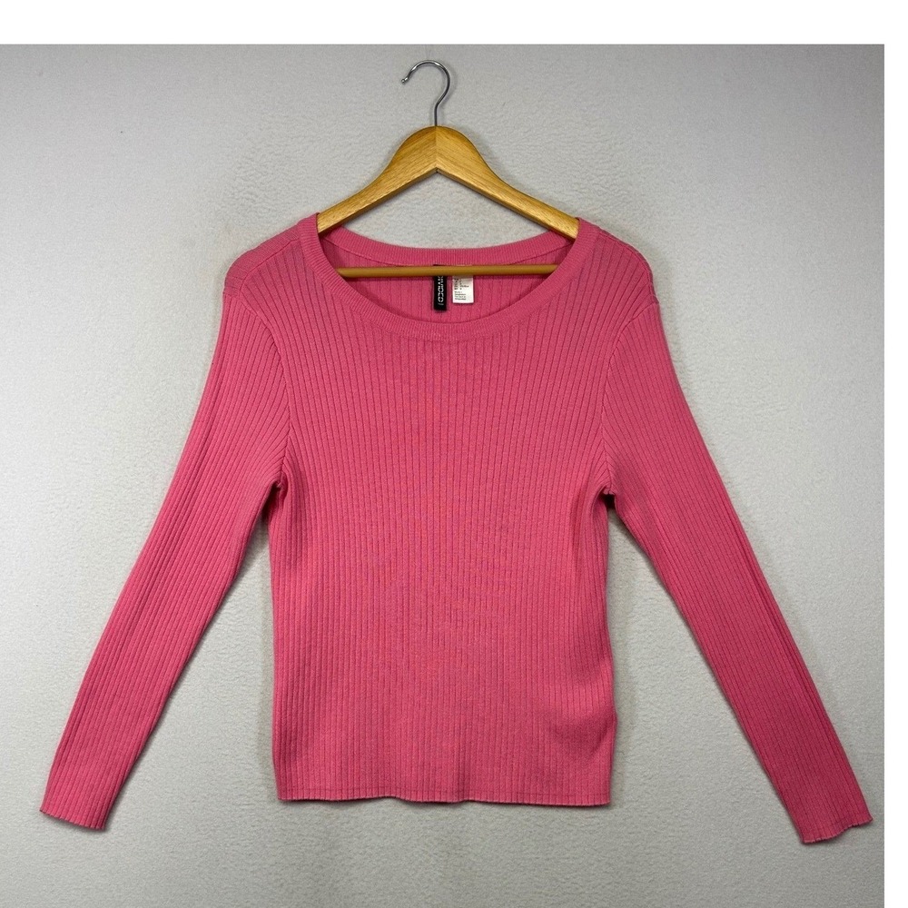 Barbiecore H&M Divided Womens Large Pink Ribbed Knit Long Sleeve Crew Neck Top